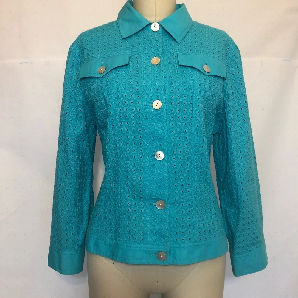 Ruby Rd. Teal Eyelet Jacket - Picture 2 of 8